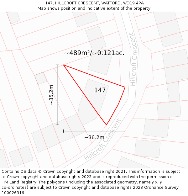 147, HILLCROFT CRESCENT, WATFORD, WD19 4PA: Plot and title map