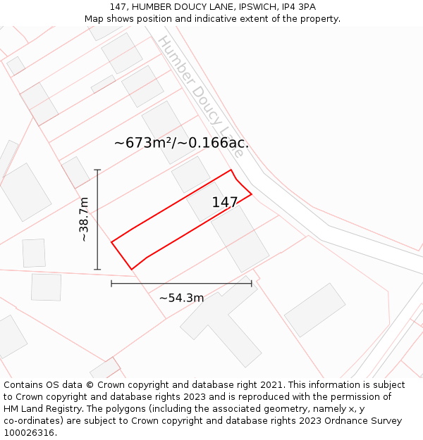 147, HUMBER DOUCY LANE, IPSWICH, IP4 3PA: Plot and title map