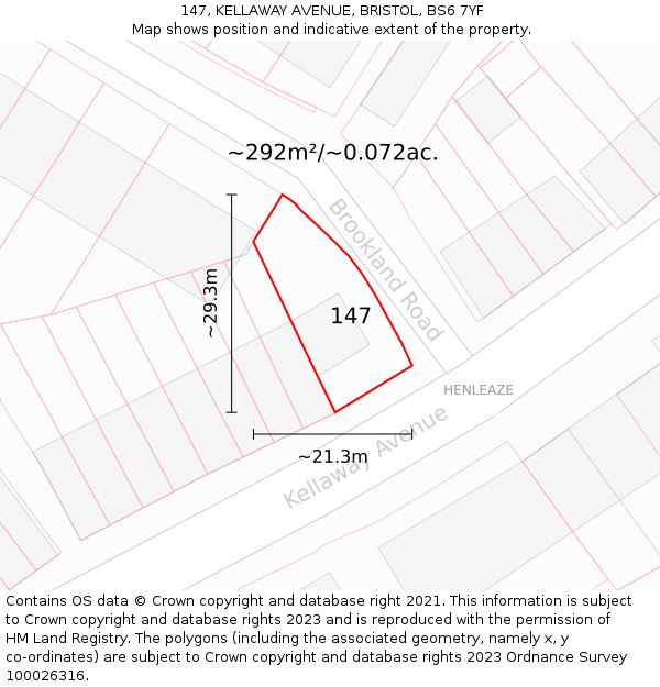 147, KELLAWAY AVENUE, BRISTOL, BS6 7YF: Plot and title map