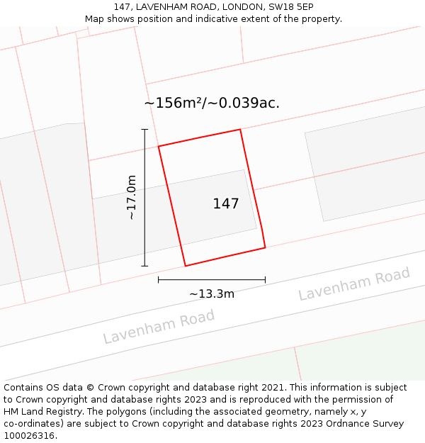 147, LAVENHAM ROAD, LONDON, SW18 5EP: Plot and title map