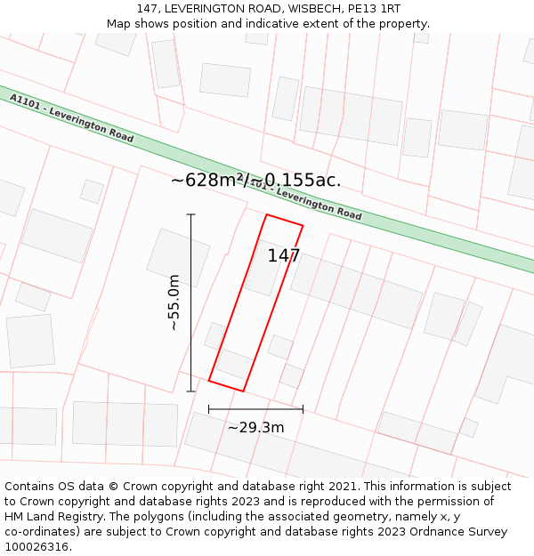 147, LEVERINGTON ROAD, WISBECH, PE13 1RT: Plot and title map
