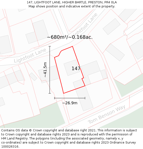 147, LIGHTFOOT LANE, HIGHER BARTLE, PRESTON, PR4 0LA: Plot and title map