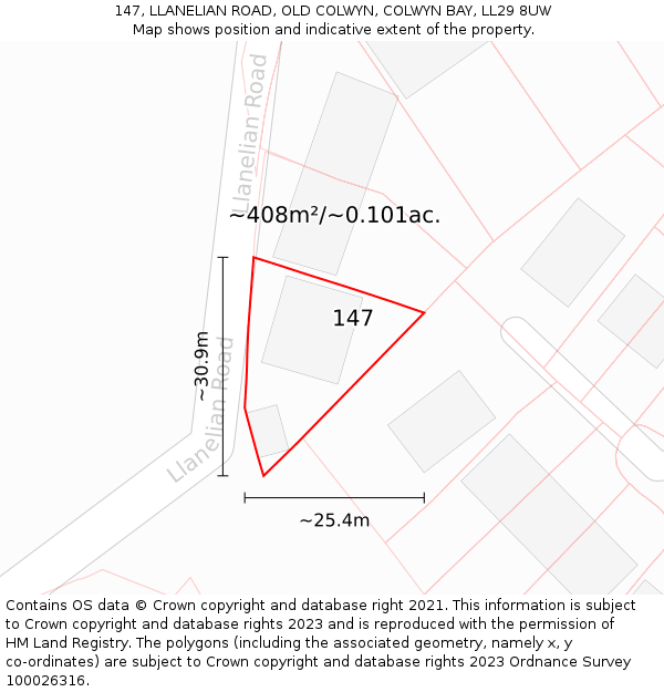 147, LLANELIAN ROAD, OLD COLWYN, COLWYN BAY, LL29 8UW: Plot and title map