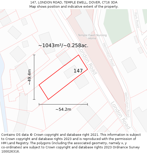 147, LONDON ROAD, TEMPLE EWELL, DOVER, CT16 3DA: Plot and title map