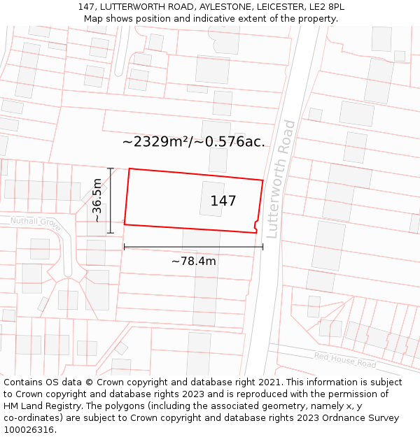 147, LUTTERWORTH ROAD, AYLESTONE, LEICESTER, LE2 8PL: Plot and title map