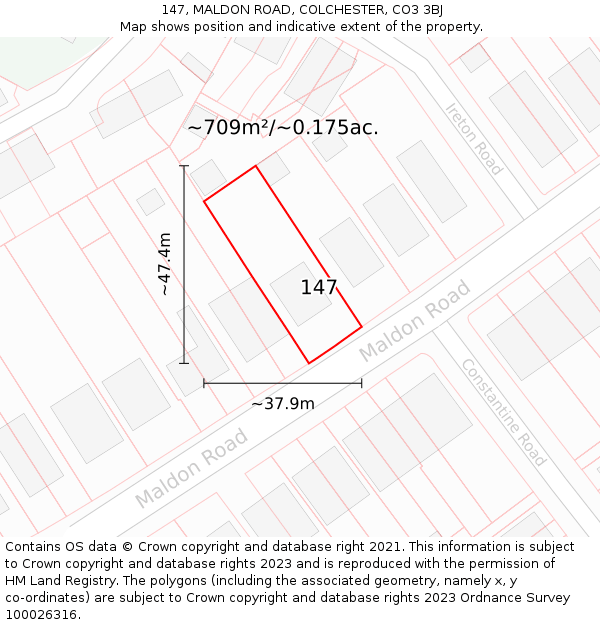 147, MALDON ROAD, COLCHESTER, CO3 3BJ: Plot and title map