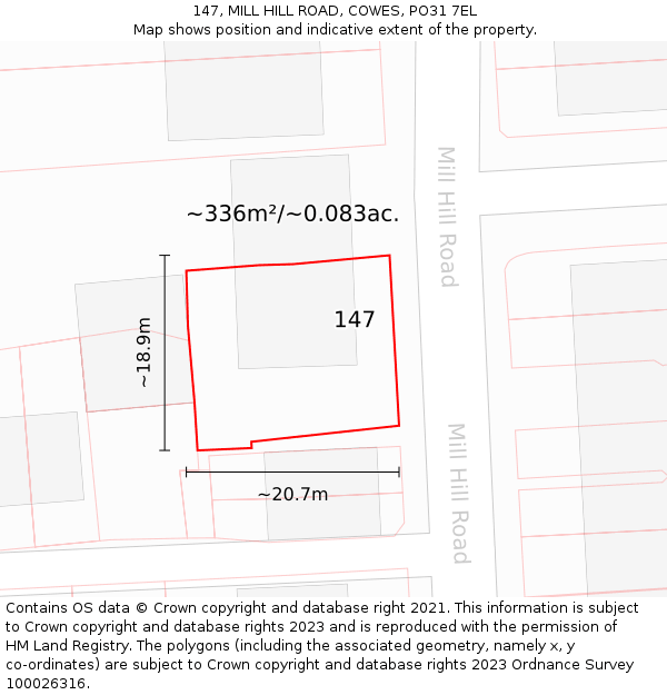 147, MILL HILL ROAD, COWES, PO31 7EL: Plot and title map