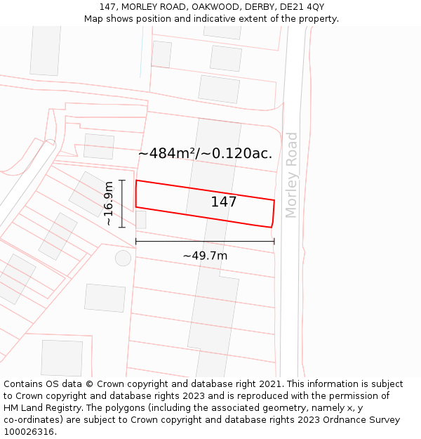 147, MORLEY ROAD, OAKWOOD, DERBY, DE21 4QY: Plot and title map
