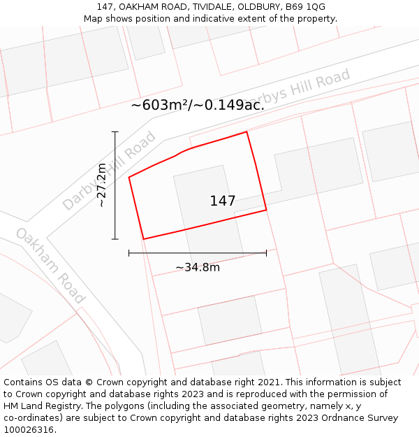 147, OAKHAM ROAD, TIVIDALE, OLDBURY, B69 1QG: Plot and title map