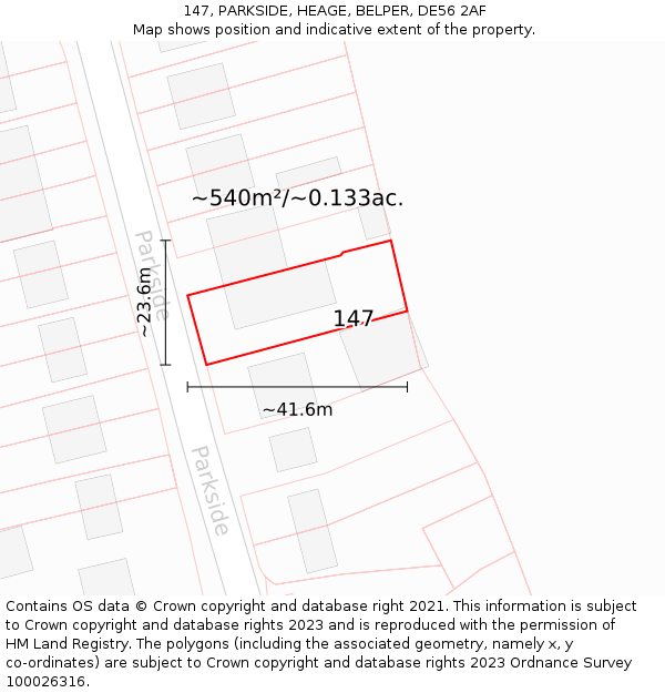 147, PARKSIDE, HEAGE, BELPER, DE56 2AF: Plot and title map