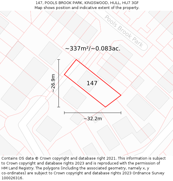 147, POOLS BROOK PARK, KINGSWOOD, HULL, HU7 3GF: Plot and title map
