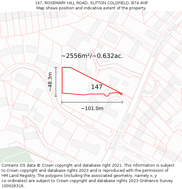 147, ROSEMARY HILL ROAD, SUTTON COLDFIELD, B74 4HP: Plot and title map