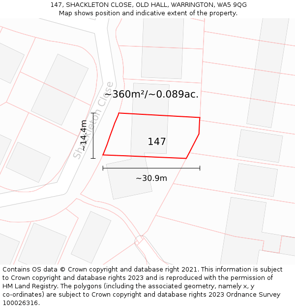 147, SHACKLETON CLOSE, OLD HALL, WARRINGTON, WA5 9QG: Plot and title map