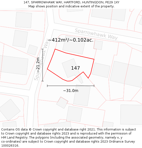 147, SPARROWHAWK WAY, HARTFORD, HUNTINGDON, PE29 1XY: Plot and title map
