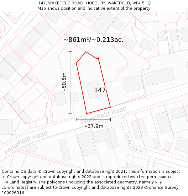 147, WAKEFIELD ROAD, HORBURY, WAKEFIELD, WF4 5HQ: Plot and title map