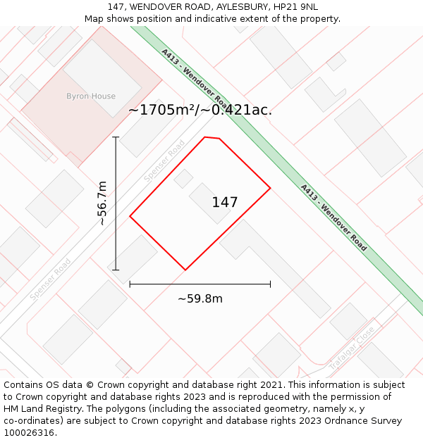 147, WENDOVER ROAD, AYLESBURY, HP21 9NL: Plot and title map