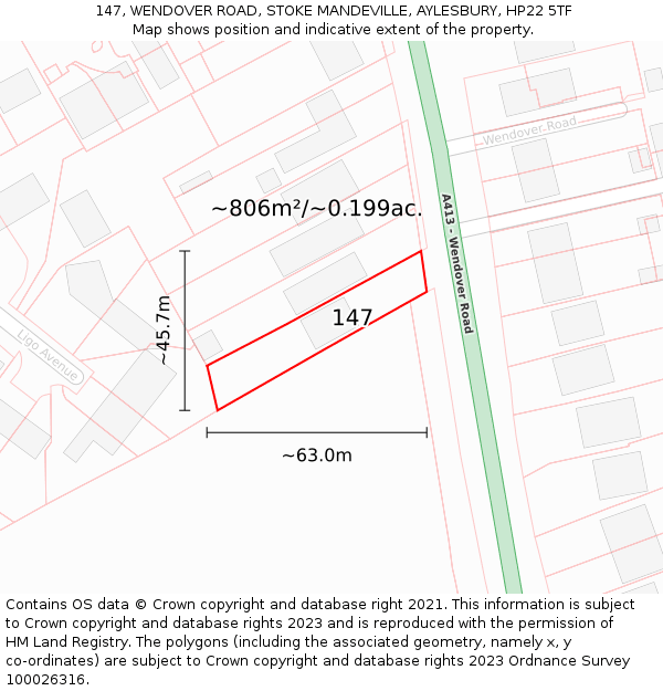 147, WENDOVER ROAD, STOKE MANDEVILLE, AYLESBURY, HP22 5TF: Plot and title map