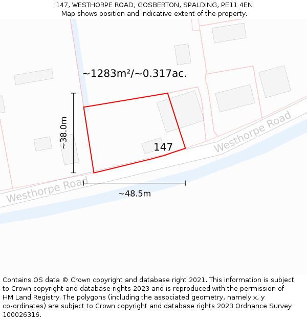 147, WESTHORPE ROAD, GOSBERTON, SPALDING, PE11 4EN: Plot and title map