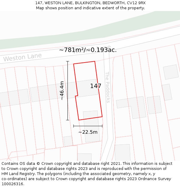 147, WESTON LANE, BULKINGTON, BEDWORTH, CV12 9RX: Plot and title map