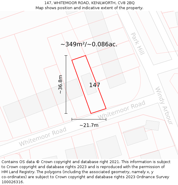 147, WHITEMOOR ROAD, KENILWORTH, CV8 2BQ: Plot and title map