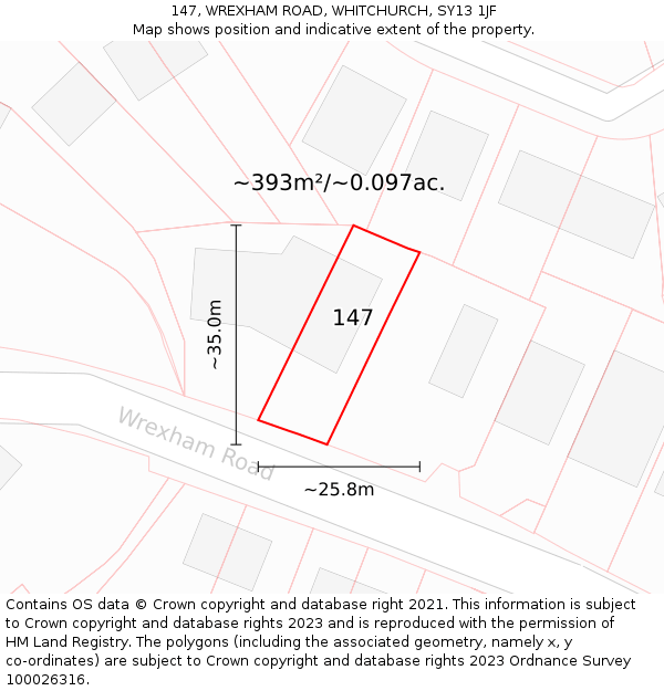 147, WREXHAM ROAD, WHITCHURCH, SY13 1JF: Plot and title map