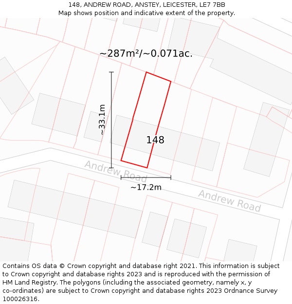 148, ANDREW ROAD, ANSTEY, LEICESTER, LE7 7BB: Plot and title map