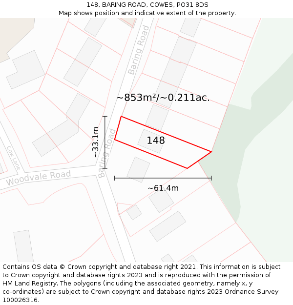 148, BARING ROAD, COWES, PO31 8DS: Plot and title map