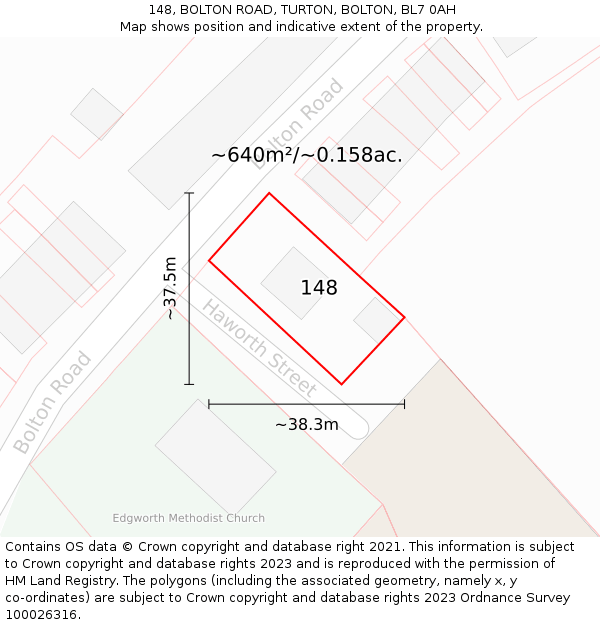 148, BOLTON ROAD, TURTON, BOLTON, BL7 0AH: Plot and title map