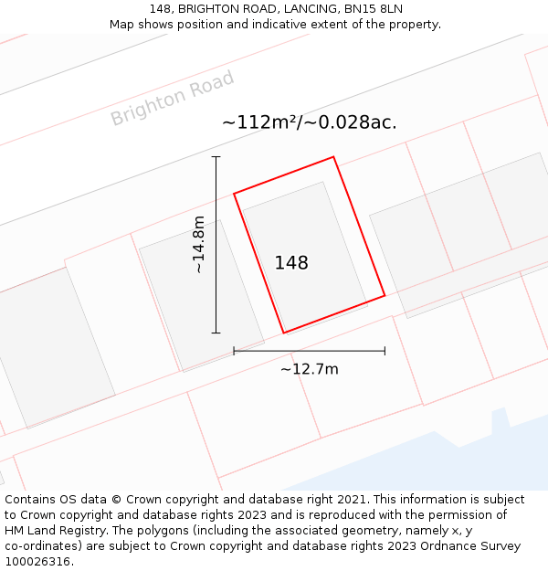 148, BRIGHTON ROAD, LANCING, BN15 8LN: Plot and title map