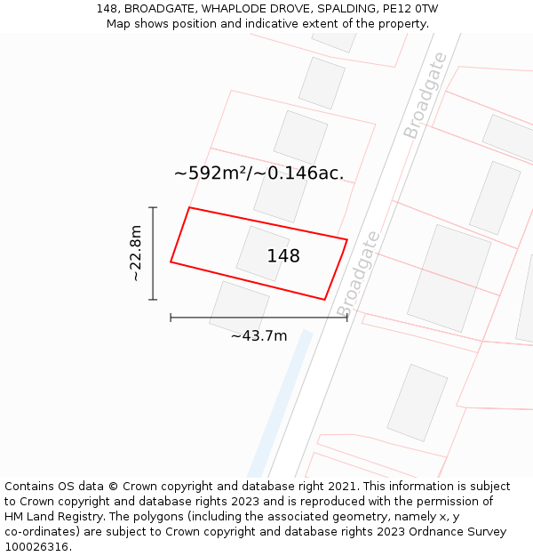 148, BROADGATE, WHAPLODE DROVE, SPALDING, PE12 0TW: Plot and title map
