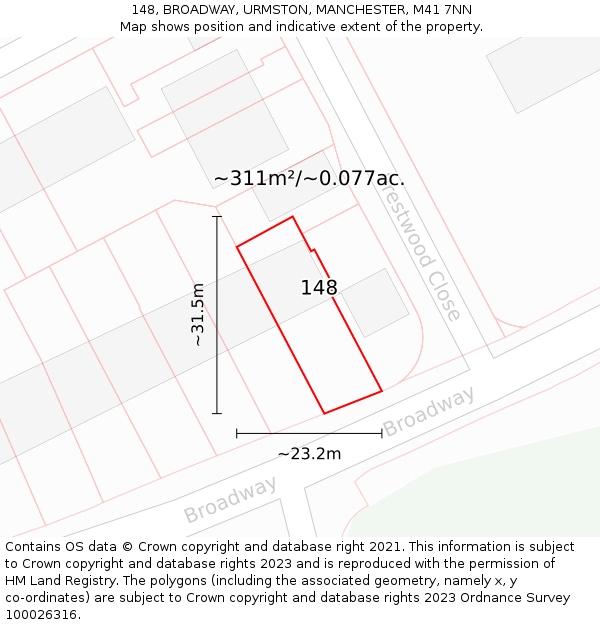 148, BROADWAY, URMSTON, MANCHESTER, M41 7NN: Plot and title map