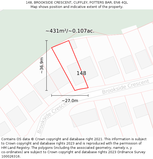 148, BROOKSIDE CRESCENT, CUFFLEY, POTTERS BAR, EN6 4QL: Plot and title map