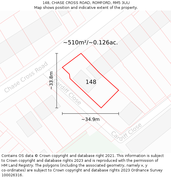 148, CHASE CROSS ROAD, ROMFORD, RM5 3UU: Plot and title map
