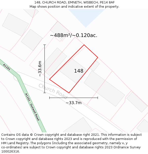 148, CHURCH ROAD, EMNETH, WISBECH, PE14 8AF: Plot and title map