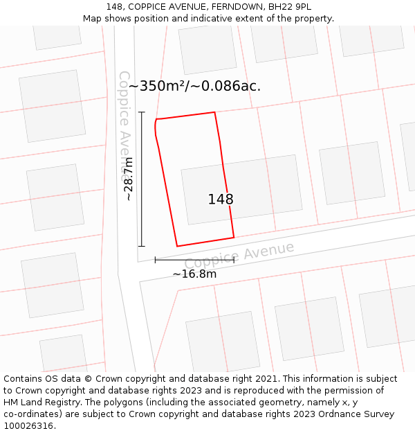 148, COPPICE AVENUE, FERNDOWN, BH22 9PL: Plot and title map