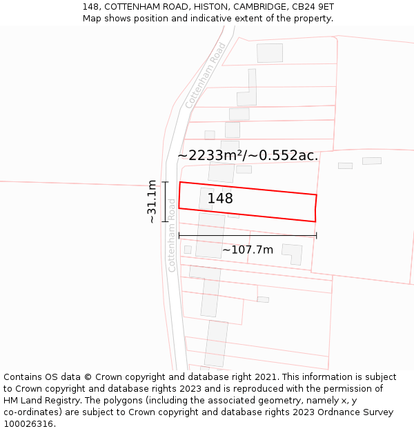 148, COTTENHAM ROAD, HISTON, CAMBRIDGE, CB24 9ET: Plot and title map