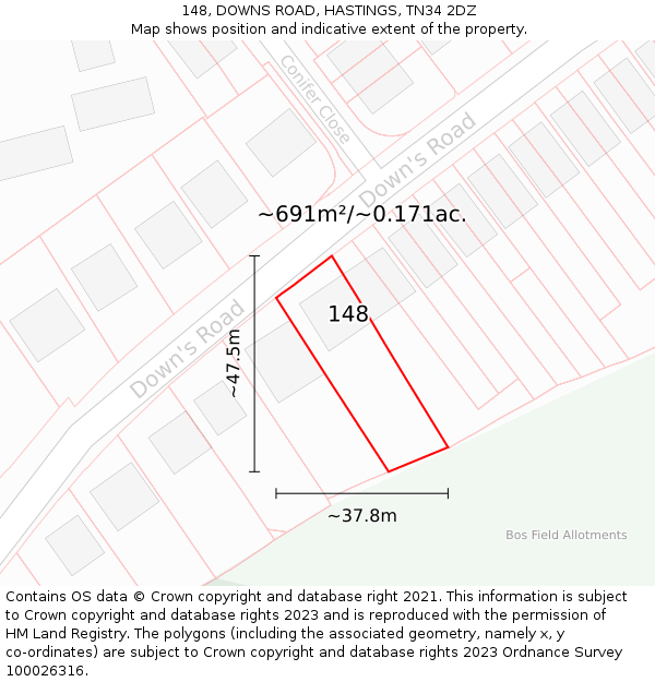 148, DOWNS ROAD, HASTINGS, TN34 2DZ: Plot and title map