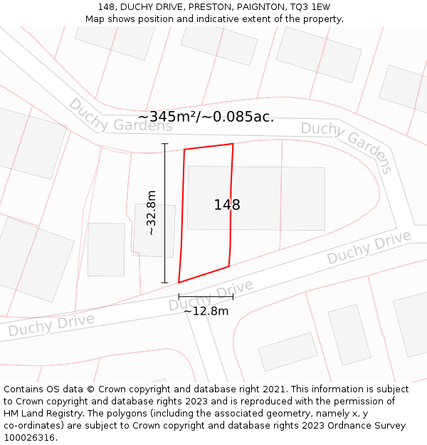 148, DUCHY DRIVE, PRESTON, PAIGNTON, TQ3 1EW: Plot and title map