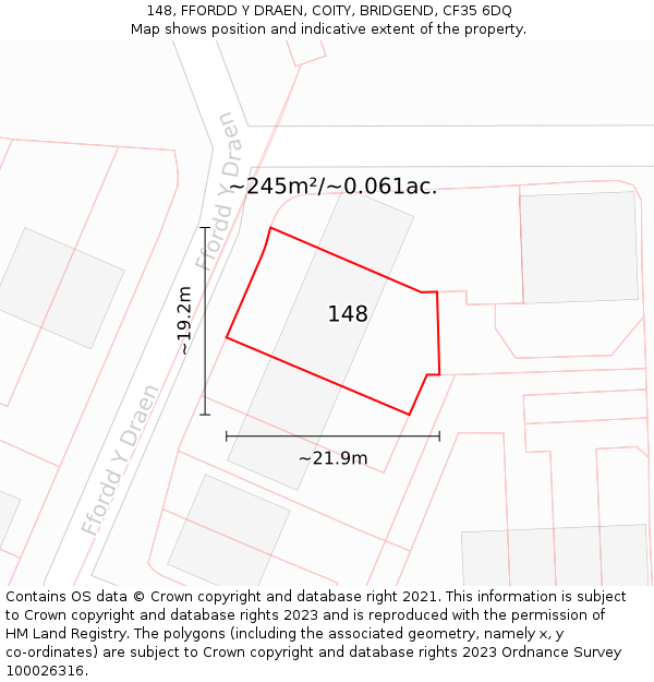 148, FFORDD Y DRAEN, COITY, BRIDGEND, CF35 6DQ: Plot and title map
