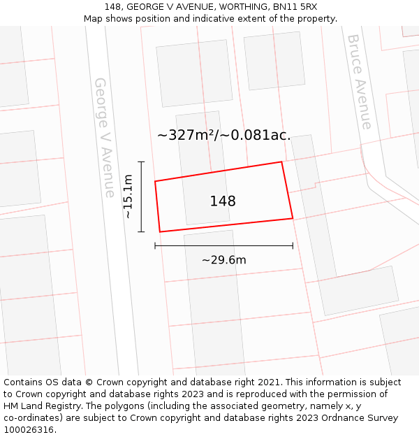 148, GEORGE V AVENUE, WORTHING, BN11 5RX: Plot and title map