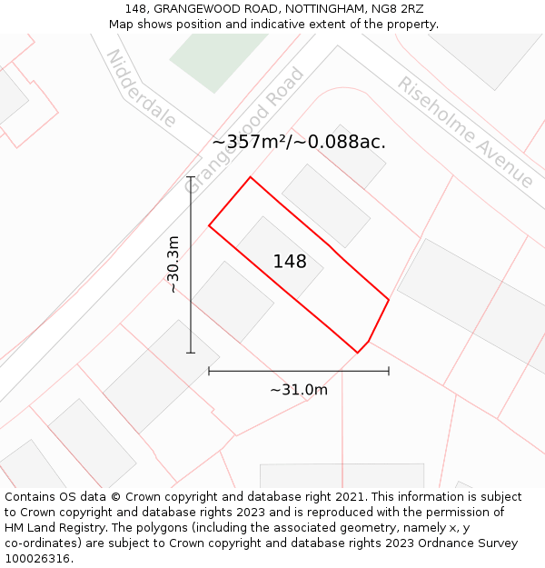 148, GRANGEWOOD ROAD, NOTTINGHAM, NG8 2RZ: Plot and title map