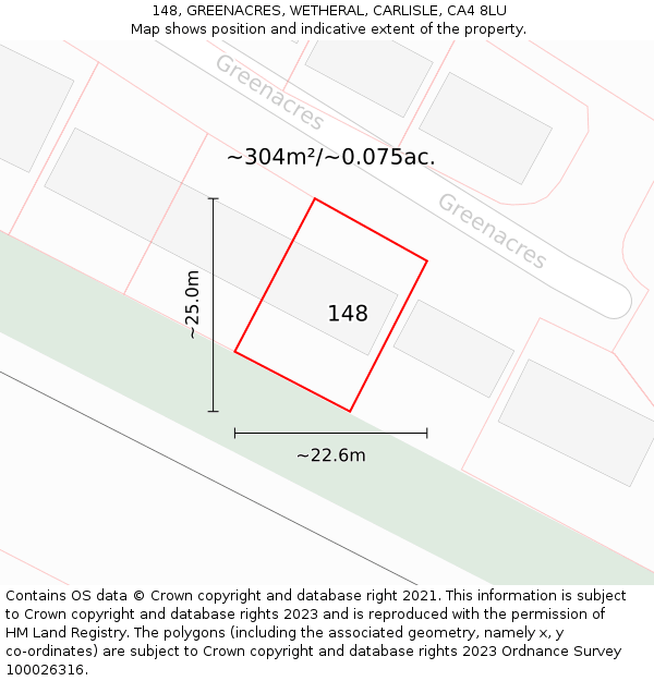 148, GREENACRES, WETHERAL, CARLISLE, CA4 8LU: Plot and title map