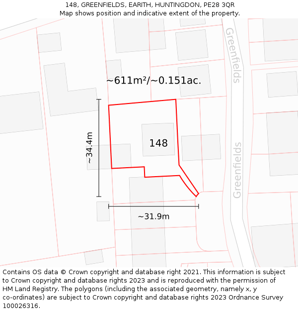 148, GREENFIELDS, EARITH, HUNTINGDON, PE28 3QR: Plot and title map