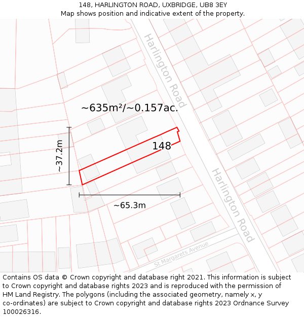 148, HARLINGTON ROAD, UXBRIDGE, UB8 3EY: Plot and title map