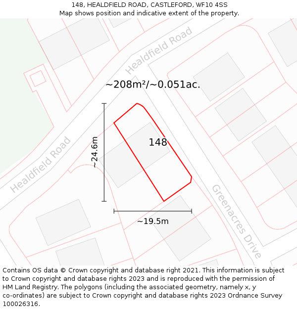 148, HEALDFIELD ROAD, CASTLEFORD, WF10 4SS: Plot and title map