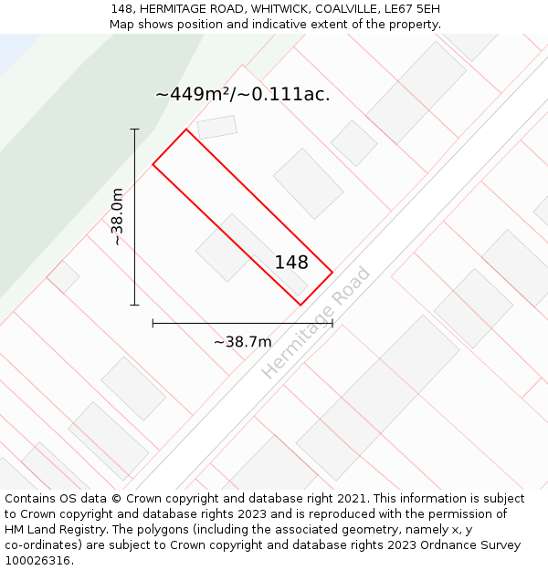 148, HERMITAGE ROAD, WHITWICK, COALVILLE, LE67 5EH: Plot and title map