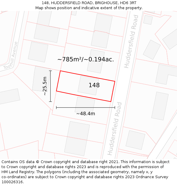 148, HUDDERSFIELD ROAD, BRIGHOUSE, HD6 3RT: Plot and title map