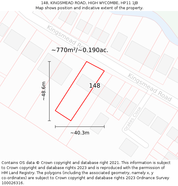 148, KINGSMEAD ROAD, HIGH WYCOMBE, HP11 1JB: Plot and title map