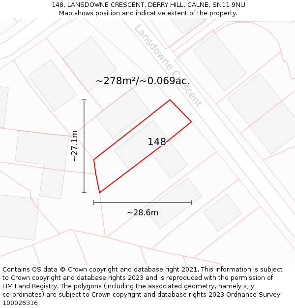 148, LANSDOWNE CRESCENT, DERRY HILL, CALNE, SN11 9NU: Plot and title map