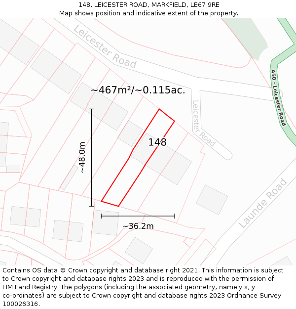 148, LEICESTER ROAD, MARKFIELD, LE67 9RE: Plot and title map